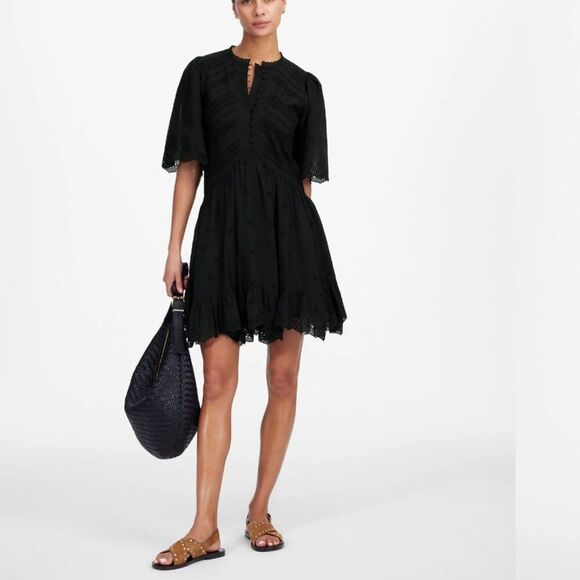 Madewell NU556 Black Eyelet Flutter Sleeve Mini Dress in Cotton 10 NWT - Picture 2 of 13